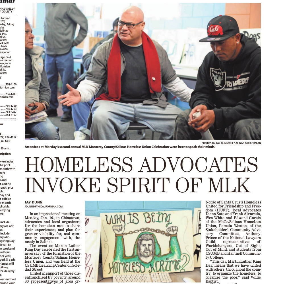 A newspaper page, showing a story about the event in Salinas. The headline reads 'Homeless Advocates Invoke Spirit of MLK'